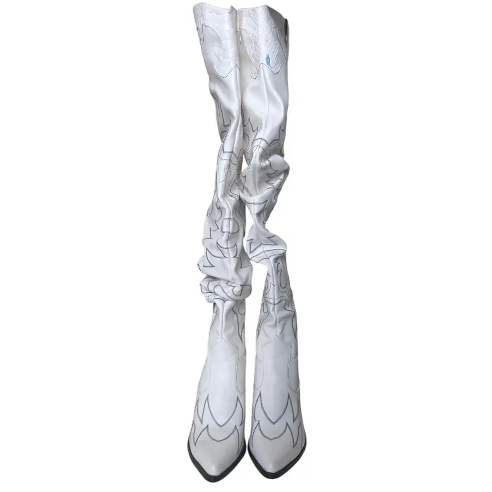 Sergio Todzi Thigh High Boots Western Cowboy Boots Size 37 US 6.5 White Festival